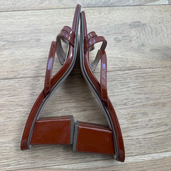 Urban Outfitters Brown Patent Mule Strappy Peep Toe Sandal Chunky Block Heels- 7 - Picture 7 of 9